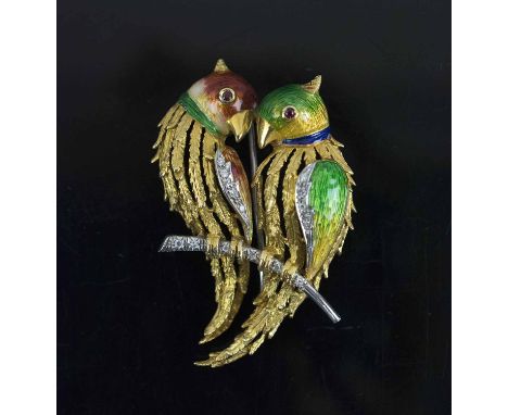 NICOLETTI MILAN 1960's, an amusing eighteen carat gold diamond ruby and enamel two love bird brooch, 19.5gms in good conditio
