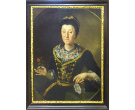 18th CENTURY SCHOOL 'Portrait of a Lady Holding a Red Rose and a Manuscript, oil on canvas, 86cm x 66cm, framed.