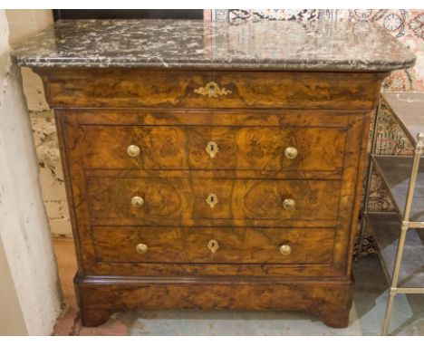 HALL COMMODE, 19th century French, Louis Philippe burr walnut and gilt metal mounted with four long drawers, 93cm W x 43cm D 