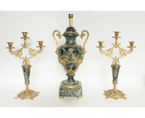 ANTIQUE ORMOLU AND MARBLE LAMP, circa 1900; and a pair of marble and ormolu three light candlesticks.