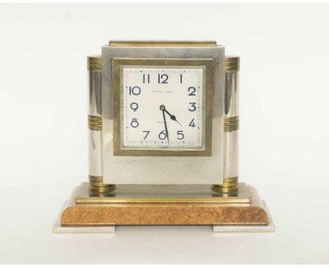 MAPPIN AND WEBB PARIS CLOCK, an Art Deco, chrome, brass and Amboyna table clock, circa 1935.