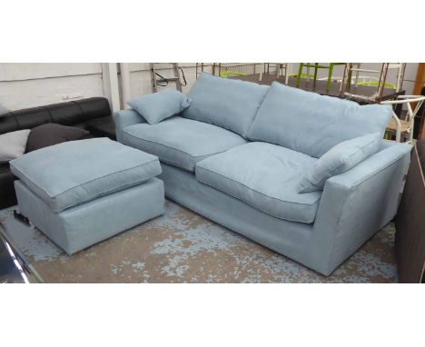 SOFA WORKSHOP SOFABED, large two seater, in sky blue upholstery with matching footstool, 248cm x 108cm x 65cm H. (2)