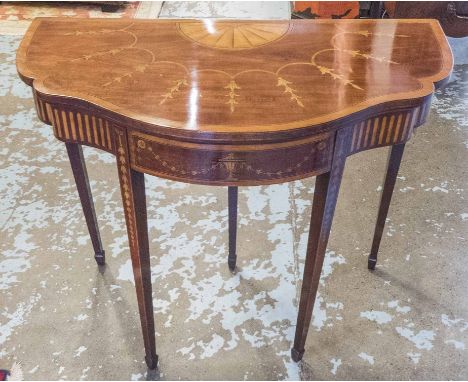 CARD TABLE, late 19th century, George III style, mahogany and satinwood inlay, of serpentine outline, with swag and fan inlai