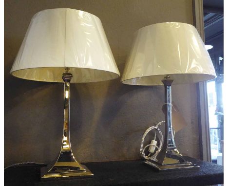 VAUGHAN ARTS AND CRAFTS COLUMN LAMPS, a pair, with linen lamp shades, 60cm H. (2)