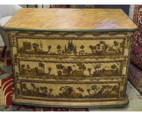 COMMODE, 18th century German painted with a marble effect top above three long drawers decorated with country scenes, figures