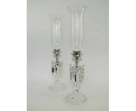 BACCARAT CRYSTAL FRANCE, a pair of storm lamp lustres with acid etched shades, circa 1970, 55cm H overall.