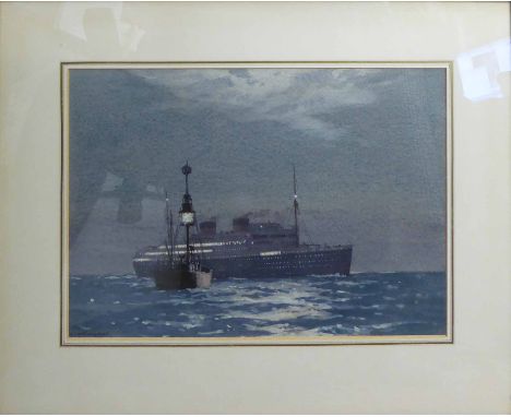 NORMAN WILKINSON CBE PRI ROI RMSA (1878-1971) 'M.V. Britannia', watercolour, signed lower left, 28cm x 40cm, framed and glaze