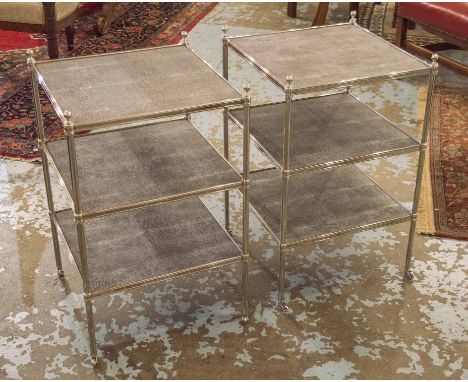 JULIAN CHICHESTER LAMP TABLES, a pair, Regency style chromed metal each with two tiers of faux shagreen, 43cm x 43cm x 72cm H
