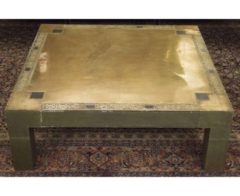 LOW TABLE BY DUBARRY, square etched brass on block supports signed R Dubarry, 101cm x 101cm x 35cm H.