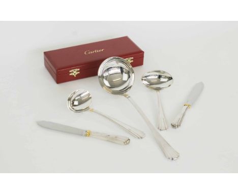 CARTIER DE LOUIS, patterned sterling silver and gold serving flatware, soup ladle, two small gravy ladles and six dessert kni