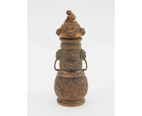 RARE 18TH CENTURY CHINESE CARVED BAMBOO ROOT VASE AND COVER, finely carved with scroll decoration and fierce lion masks loop 