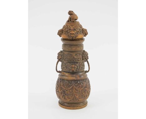 RARE 18TH CENTURY CHINESE CARVED BAMBOO ROOT VASE AND COVER, finely carved with scroll decoration and fierce lion masks loop 