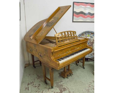 OBERMEIER BABY GRAND PIANO, early 20th century Sheraton Revival satinwood with all over finely painted decoration, 150cm D x 