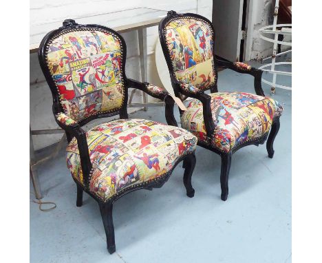 SUPERHERO FAUTEUILS, a pair, French provincial style ebonised frames with comic print upholstery, 90cm H. (2)