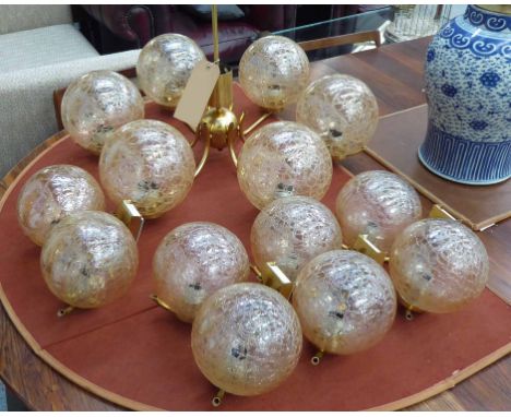 WALL LIGHTS, a set of four, 1970's Italian brass with crackle glass globes plus a matching chandelier, 65cm W. (5)