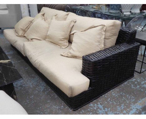 RALPH LAUREN HOME SOFA, rattan and ebonised wood with duck down cushions, 250cm W (slight faults).