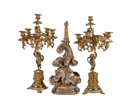 A PAIR OF FRENCH GILT BRASS SIX-LIGHT CANDELABRA  LAST QUARTER 19TH CENTURY  The sconces and branches cast as foliate scrolls