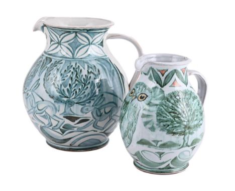 ANDREW HAZELDEN FOR ALDERMASTON POTTERY; A LARGE TIN-GLAZED EARTHENWARE JUG CIRCA 1990 Decorated with a continuous band of ha