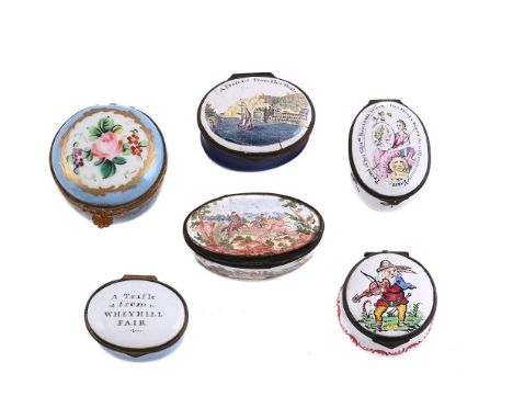 A GROUP OF FIVE ENAMEL BOXES  18TH CENTURY AND LATER  George III box "Proud of her Geo III Britannia rears..", 4.3cm long, "A