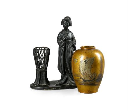 A JAPANESE BRONZE GROUP OF BIJIN MEIJI PERIOD Dressed in a flowing kimono and holding a fan to her chin, she stands on a terr