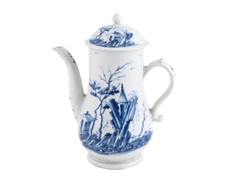 A WORCESTER BLUE AND WHITE BALUSTER COFFEE POT AND COVER PAINTED WITH THE SO-CALLED 'GAZEBO' PATTERN CIRCA 1760 Un-marked, pa