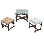 A FRENCH CARVED WALNUT AND PARCEL GILT STOOL, 18TH CENTURY AND LATER, TOGETHER WITH TWO OTHER STOOLS