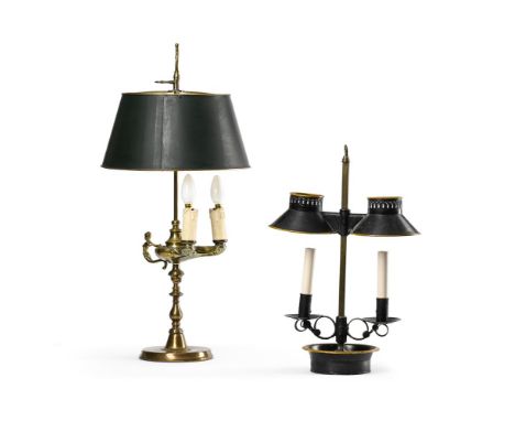 TWO LIBRARY LAMPS OF BOUILLOTTE FORM PROBABLY FIRST HALF 20TH CENTURY One with a brass two branch oil lamp column and a metal