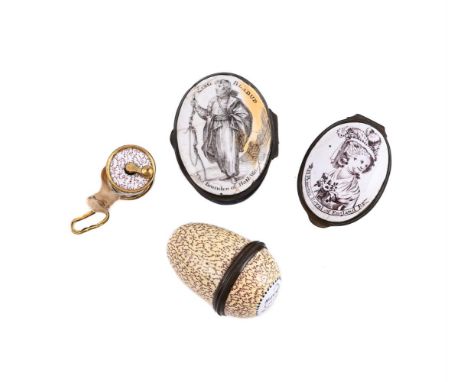 FOUR ITEMS OF ENGLISH ENAMELS, STAFFORDSHIRE OR BILSTON FOR THE BATH SOUVENIR TRADE CIRCA 1800 Comprising: a miniature measur