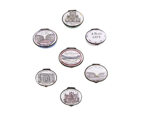 SEVEN VARIOUS ENGLISH ENAMELS OVAL PILL OR PATCH BOXES FOR THE BATH SOUVENIR TRADE CIRCA 1800 Including printed views of The 