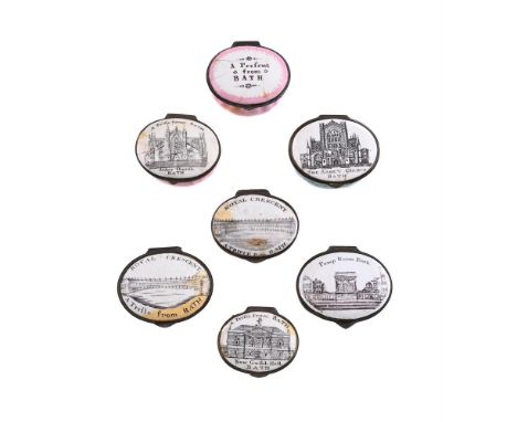 SEVEN VARIOUS ENGLISH ENAMELS OVAL PILL OR PATCH BOXES FOR THE BATH SOUVENIR TRADE CIRCA 1800 Including printed views of The 