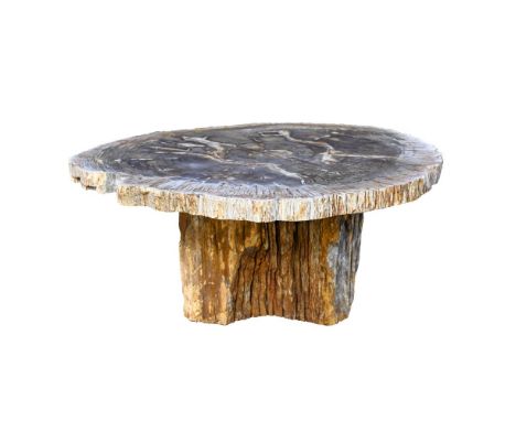 A PART POLISHED PETRIFIED WOOD CENTRE TABLE SET ON A TRUNK BASE The top sliced in cross section, the separate trunk base with
