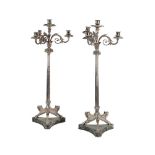 A PAIR OF SILVER PLATED FOUR LIGHT CANDELABRA, EARLY 20TH CENTURY, IN POMPEI MANNER