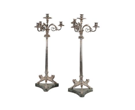 A PAIR OF SILVER PLATED FOUR LIGHT CANDELABRA   EARLY 20TH CENTURY, IN POMPEI MANNER  The arms above a fluted column, tripod 