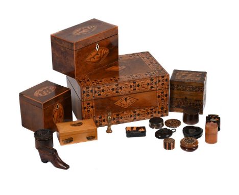 Y&nbspA GROUP OF ASSORTED BOXES  19TH CENTURY  to include;  A pressed tortoiseshell and silver plate mounted snuff box, 4.2cm