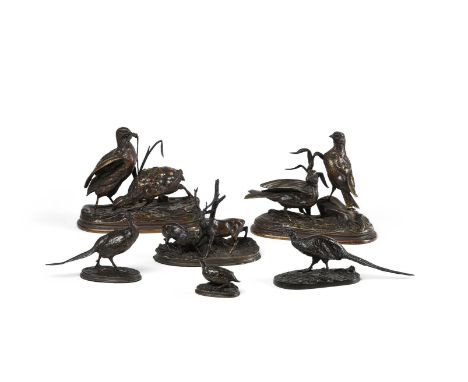 A GROUP OF SIX ANIMALIER BRONZES  LATE 19TH OR 20TH CENTURY  After Moigniez Lovebirds, signed to cast, 19.5cm high, base 23.5