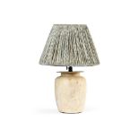 A STONEWARE VASE TABLE LAMP, WITH A PALE BLUE GEOMETRIC PRINTED PLEATED SHADE