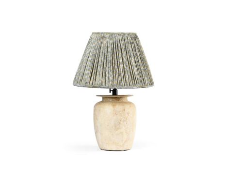 A STONEWARE VASE TABLE LAMP OF RECENT MANUFACTURE With a pale blue geometric printed muslin pleated shade 65cm high to the fi