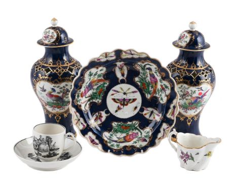 A SELECTION OF WORCESTER PORCELAIN CIRCA 1760-80 Comprising: a pair of blue-ground and gilt baluster vases and domed covers p