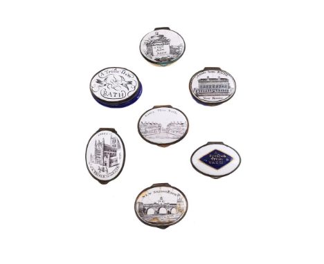 SEVEN VARIOUS ENGLISH ENAMELS OVAL PILL OR PATCH BOXES FOR THE BATH SOUVENIR TRADE CIRCA 1800 Including printed views of The 