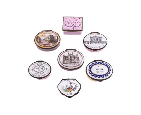 SEVEN VARIOUS ENGLISH ENAMELS OVAL PILL OR PATCH BOXES FOR THE BATH SOUVENIR TRADE CIRCA 1800 Including printed views of Mils
