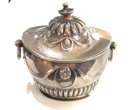 Antique silver tea caddy hinged lid Birmingham silver hallmarks measures approx 9.8cm wide height 10cm 