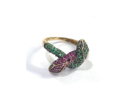 9ct gold multi gem snake ring set with ruby sapphire &amp; emerald 1 stone missing 3.5g 