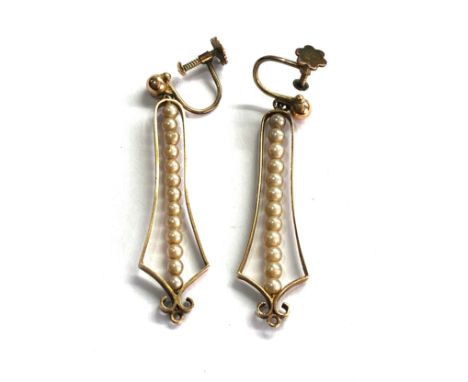 Long 9ct gold art deco &amp; pearl earring 2.7g 