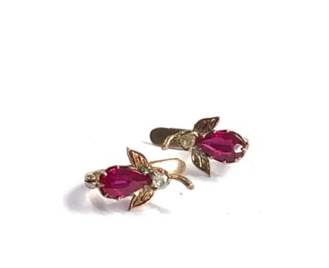 Art deco synthetic ruby &amp; old cut diamond earrings 2g 