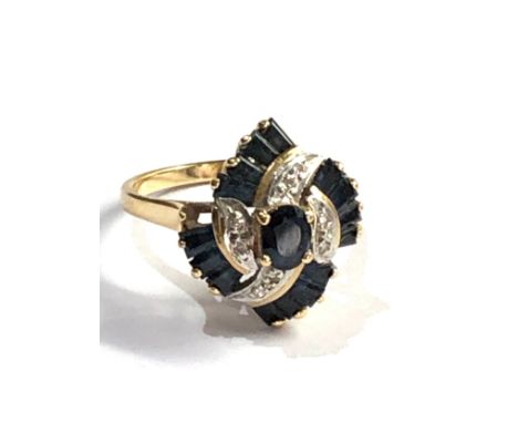 14ct gold vintage sapphire &amp; diamond mixed cut spiral cluster setting ring  (3.8g) 