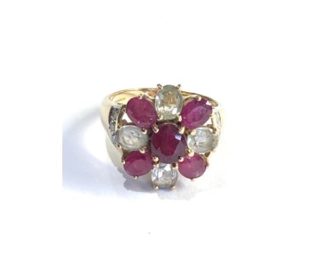 9ct gold diamond shoulder aqua &amp; ruby ring 4.7g 