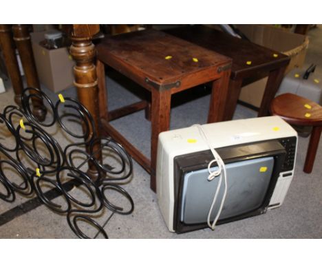 A VINTAGE PHILIPS PORTABLE TV, TOGETHER WITH TWO WOODEN STOOLS, WINE RACK ETC. 