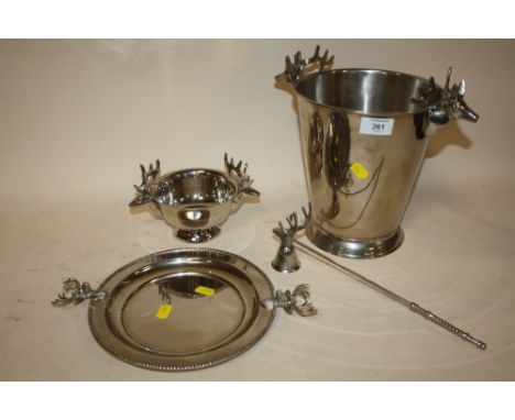 A MODERN CHROME EFFECT STAGG THEMED ICE BUCKET, TWIN HANDLED BOWL, CANDLE SNUFF ETC (4)