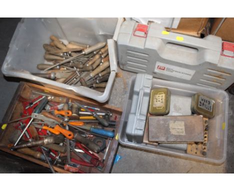 THREE BOXES OF HAND TOOLS ETC PLUS A CASED SAW 