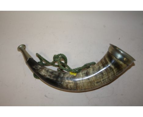 A VINTAGE WHITE METAL MOUNTED HUNTING HORN